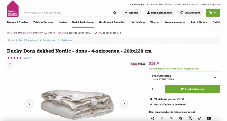 Screenshot van de webshop van Leen Bakker waarop te zien is dat er nog donzen dekbedden worden verkocht. Schermafbeelding gemaakt op 4 september 2024 om 13:59:49 uur.